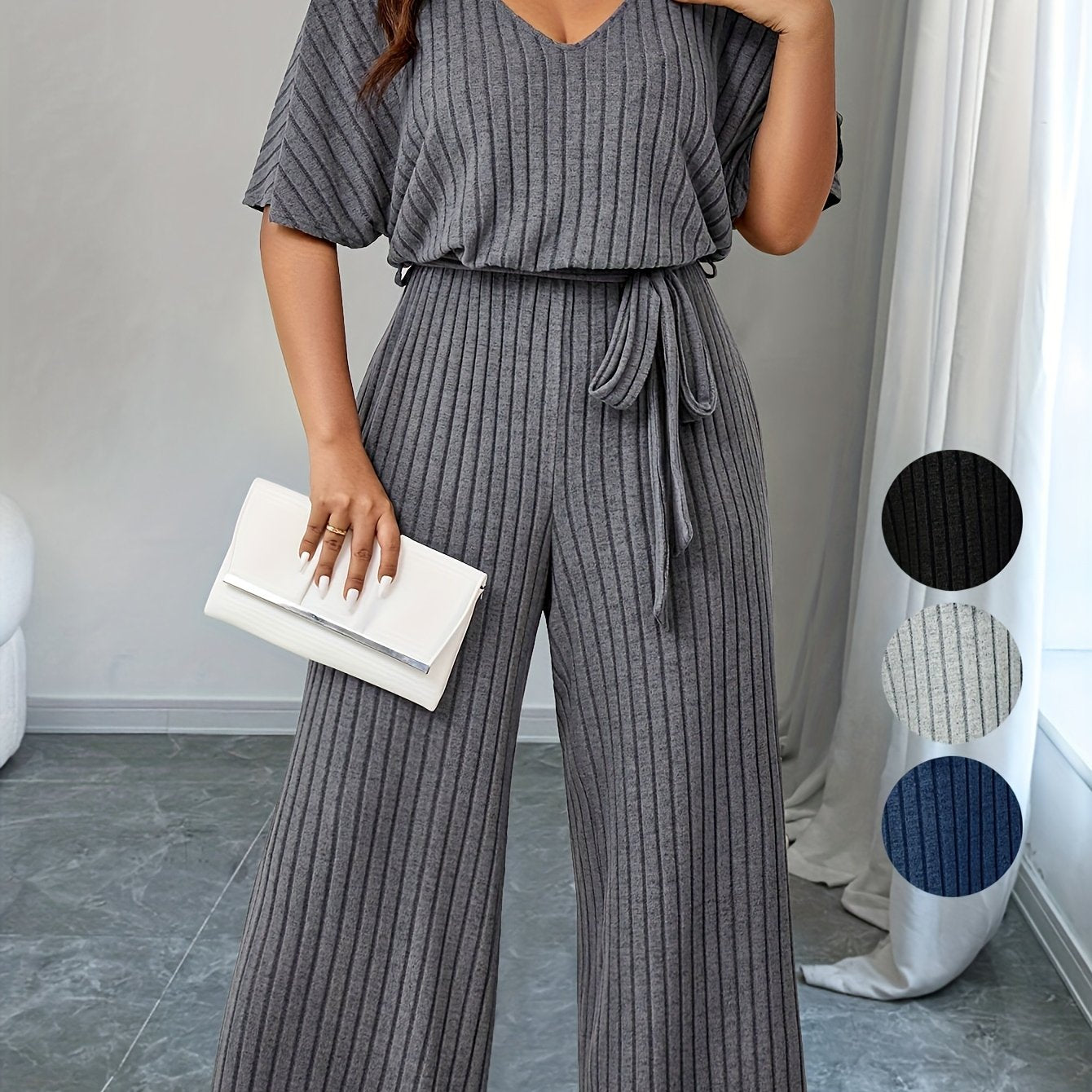 Plus Size Ribbed Wide Leg Jumpsuit Casual Belted Short Sleeve V Neck