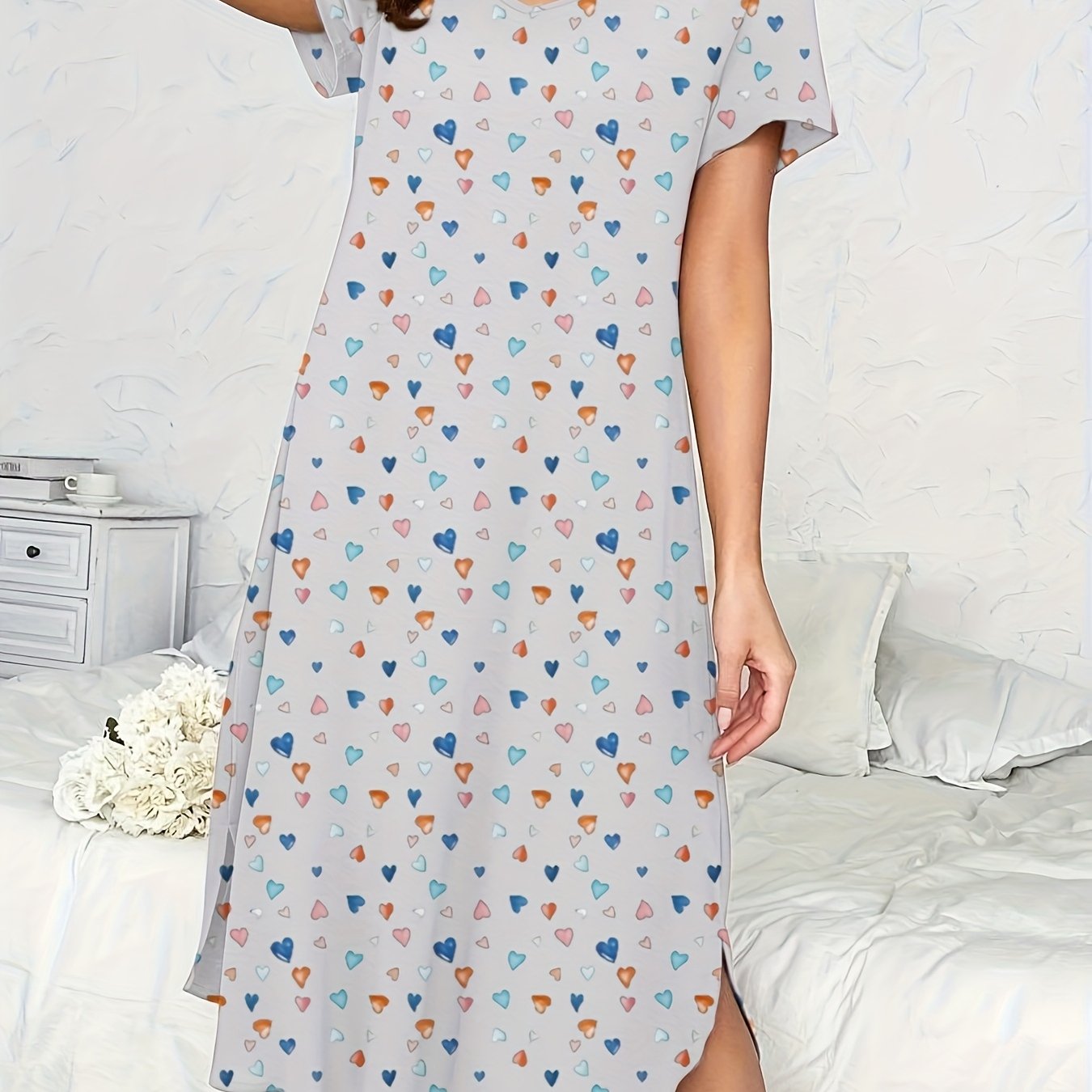 Women's Long Heart Print Cotton Casual Maxi Sleep Dress