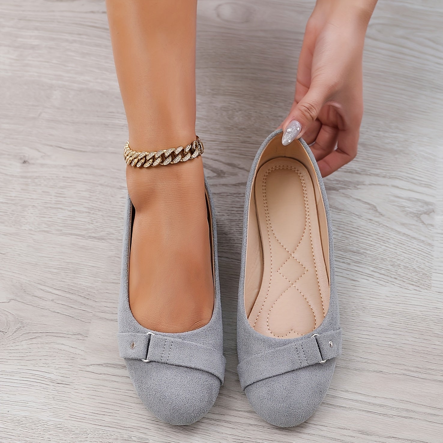 Women Black Flannel Slip-On Ballet Flats with Ankle Strap Casual Shoes