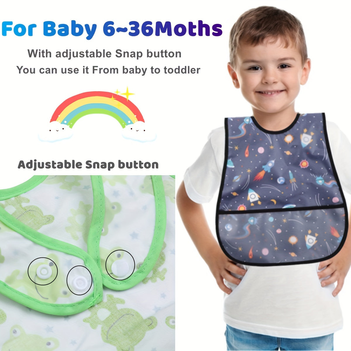 Waterproof Baby Bib with Double Layers Large Storage Pocket Snap Buttons Machine Washable Soft Durable
