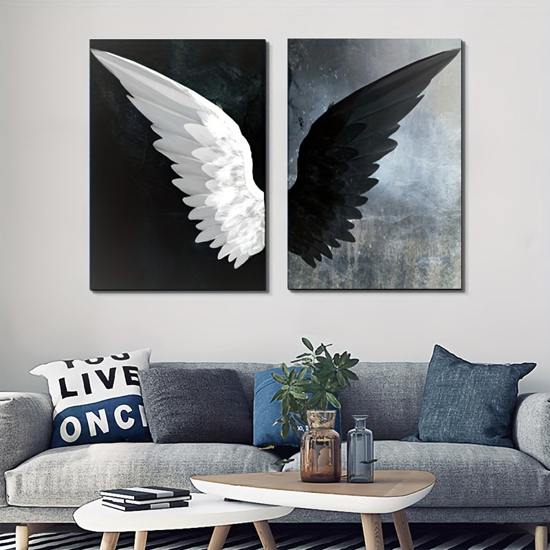Set of Two Black and White Angel Wings Canvas Wall Art Prints for Living Room Bedroom Office