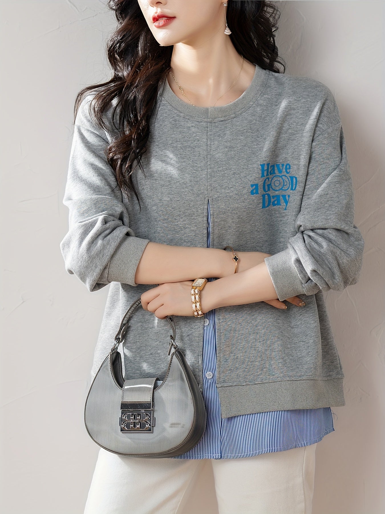 Cardigan de mujer talla grande gris de imitación de dos piezas con manga larga y botones