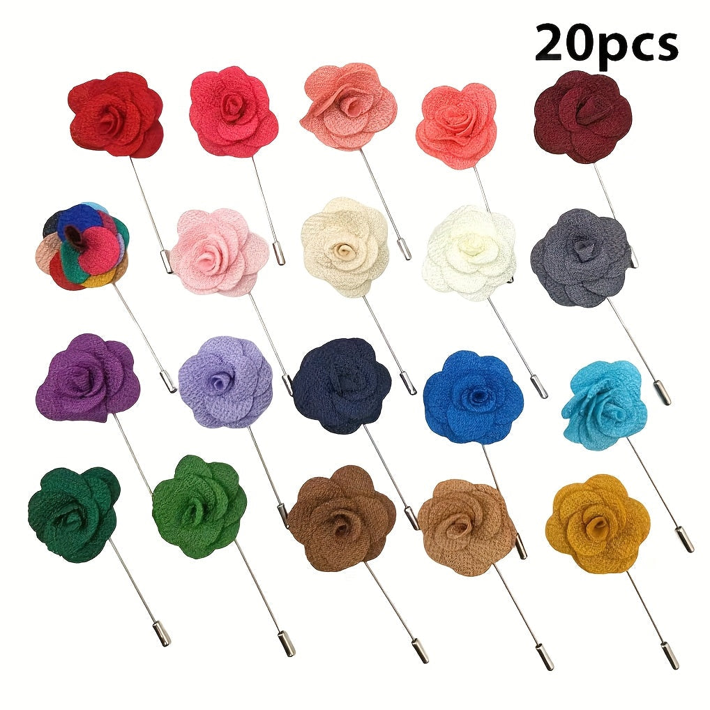 20 ta erkaklar uchun qo'lda tayyorlangan kameliya gullari lapel pinlari to'plami, to'ylar va rasmiy tadbirlar uchun mukammal