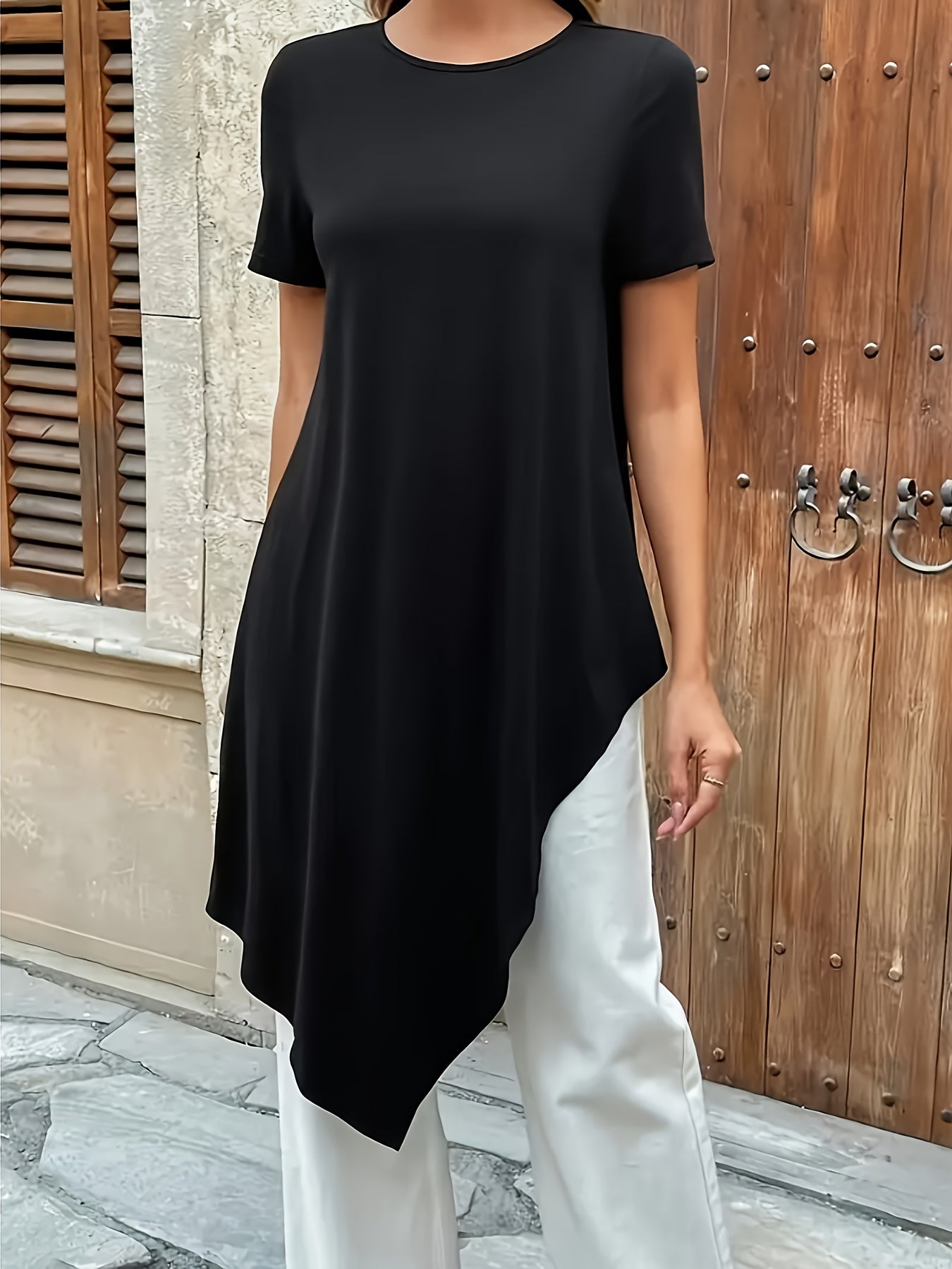 Plus Size Women's Summer Casual Longline T-Shirt Black Short Sleeve Breathable