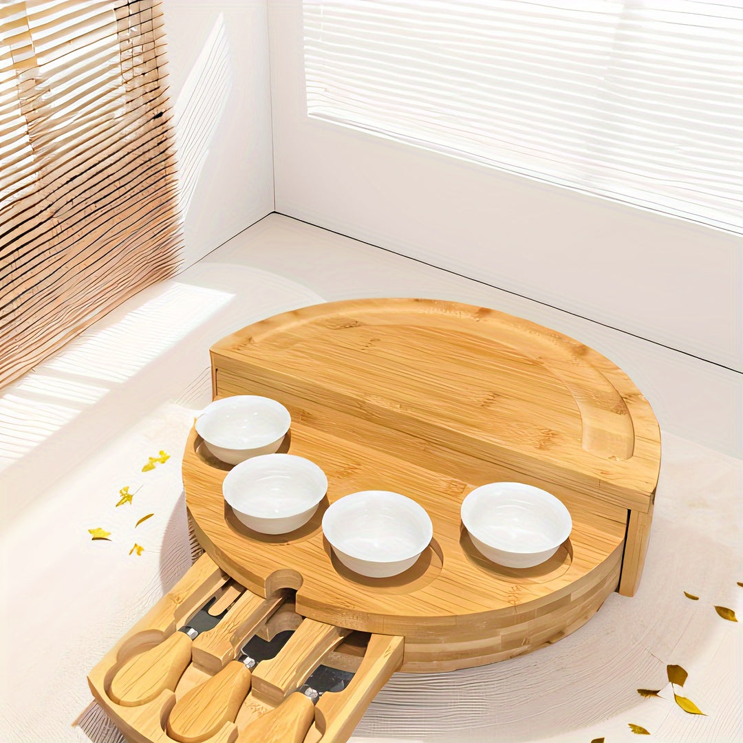 Bamboo Cheese Board Set with Slide-Out Drawer and Foldable Storage for Entertaining