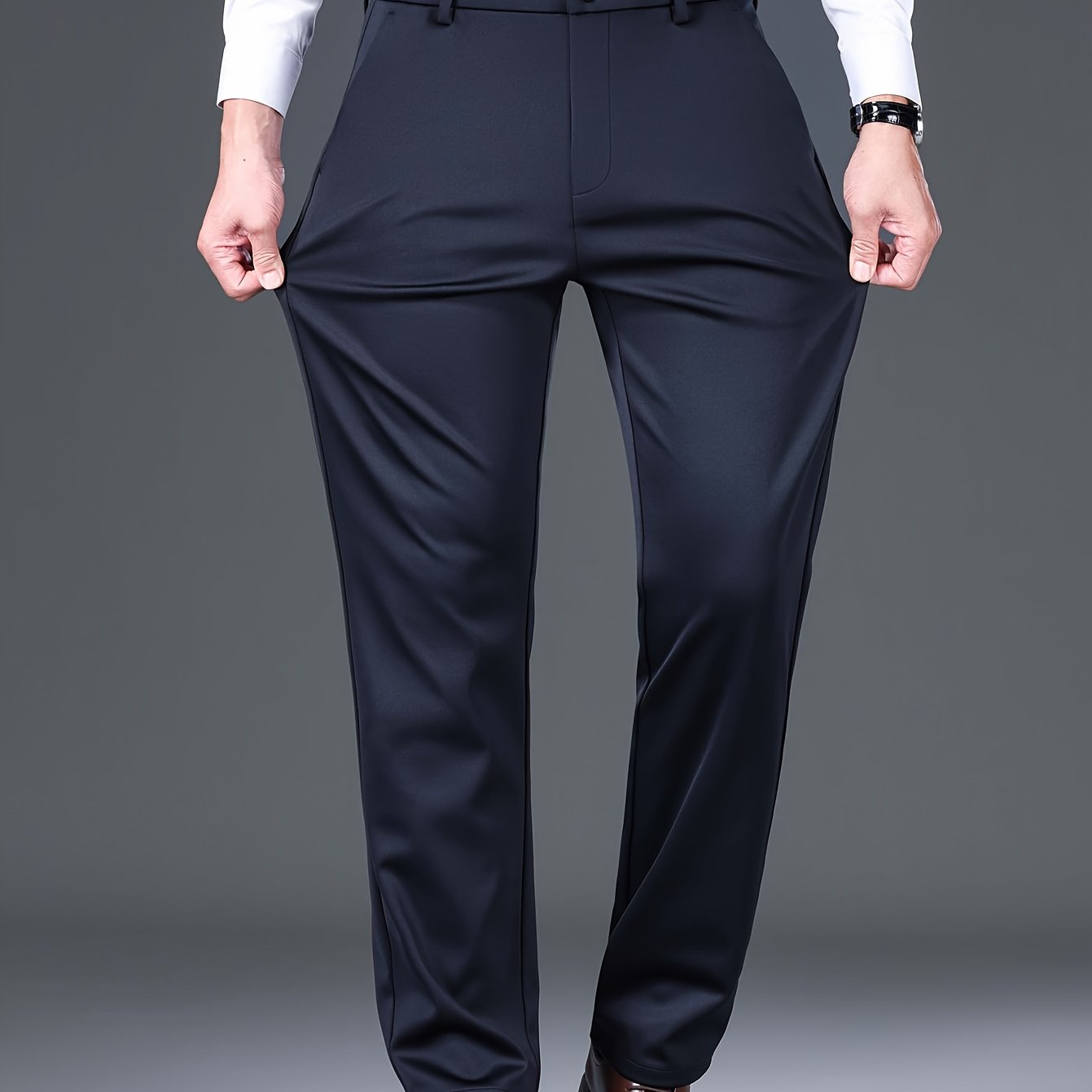 Men's Elastic Casual Pants Summer Wrinkle-Free Polyester Skinny Fit Belted