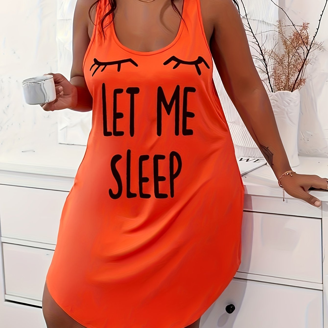 Women's Large Size Casual Pajamas with Letter Print Sleeveless Nightgown
