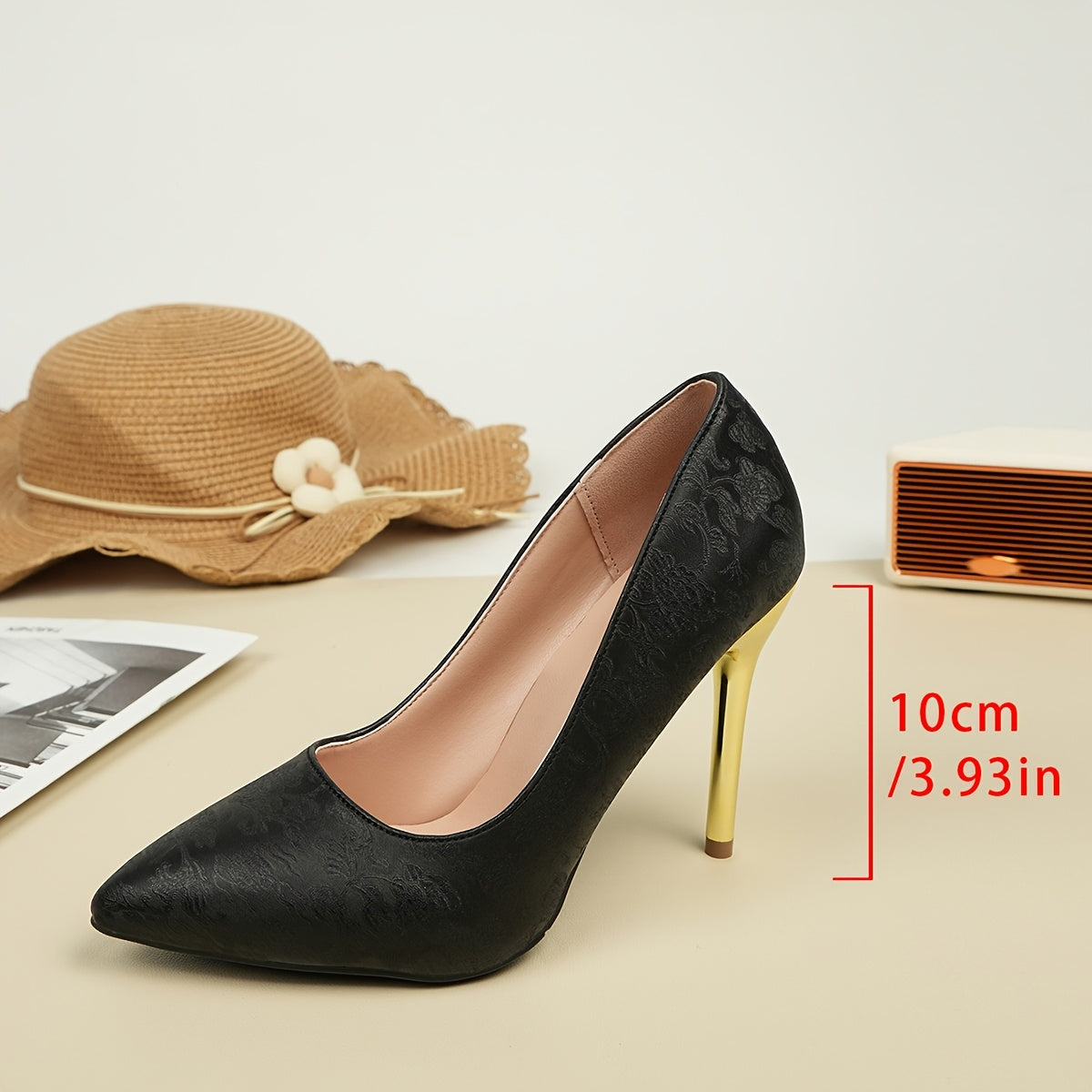 Women's Black Floral Embossed Pointed Toe High Heels with Gold Accents
