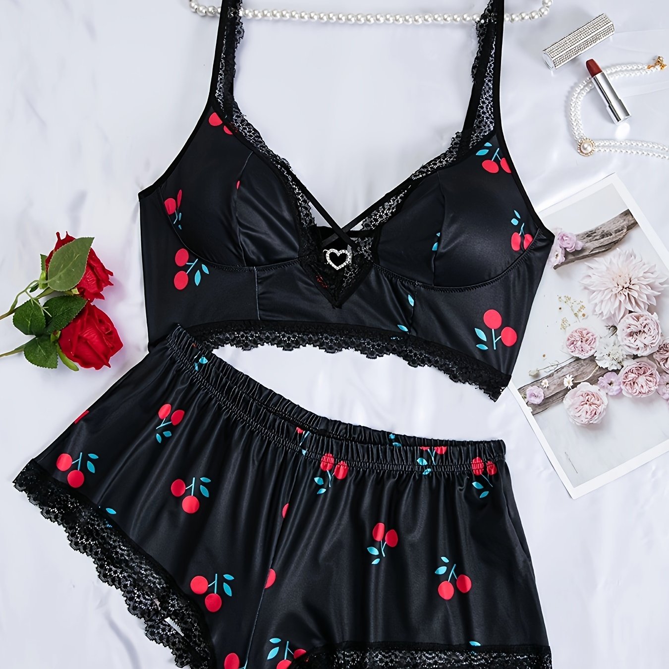 Plus Size Lace Lingerie Set Floral Print Boxer Briefs and Camisole