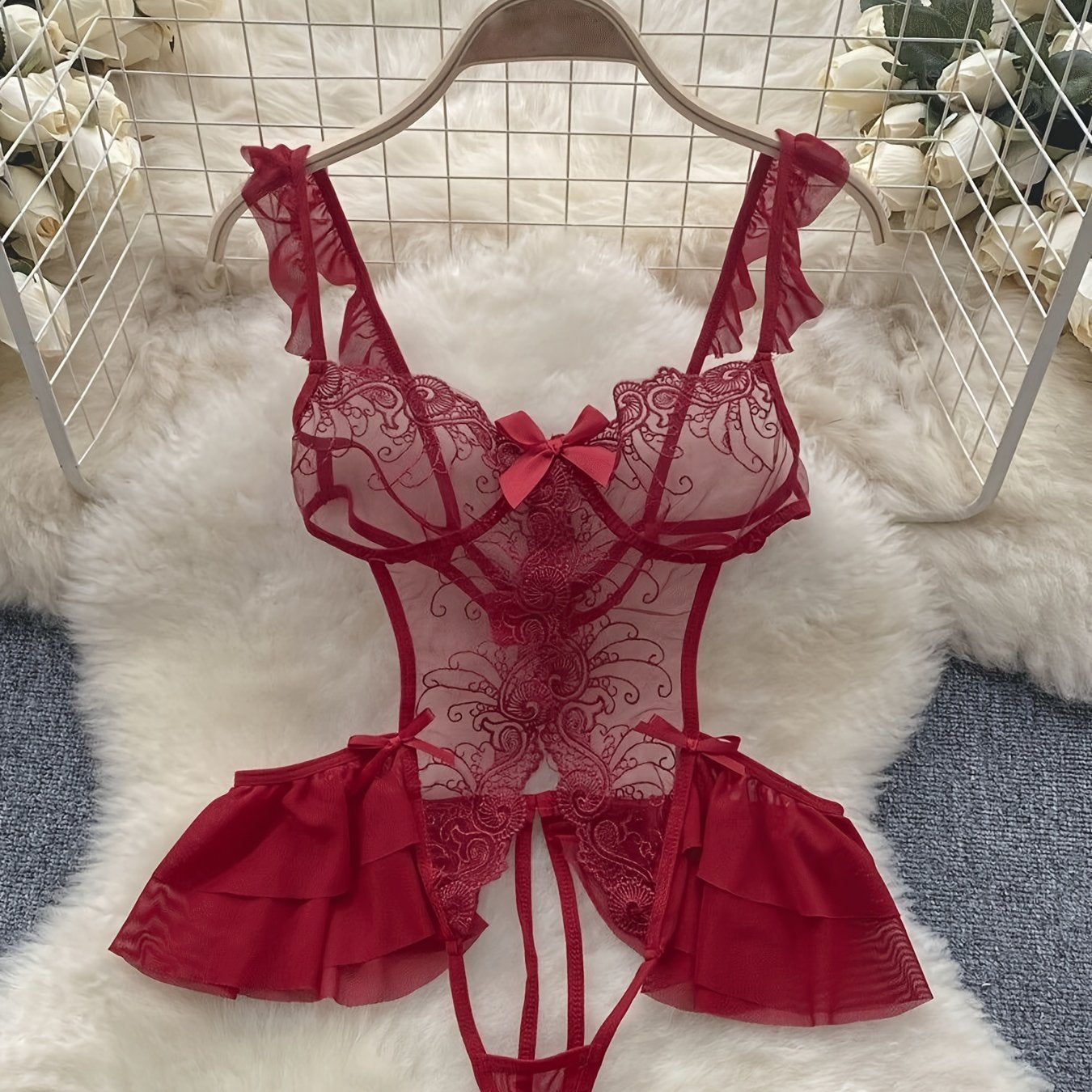 Кружевной вышитый боди с открытой передней для женщин, сексуальное пижамное белье