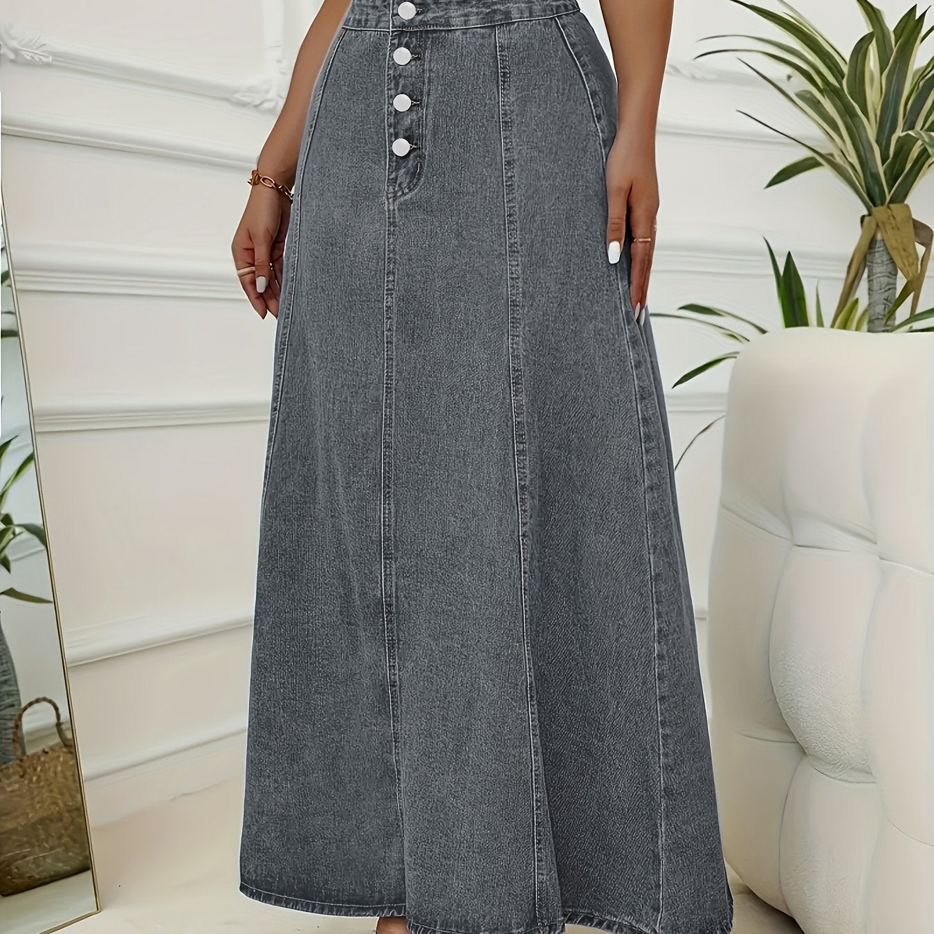 Plus Size Washed Blue High Rise Maxi Denim Skirt for Fall Casual Flared Style