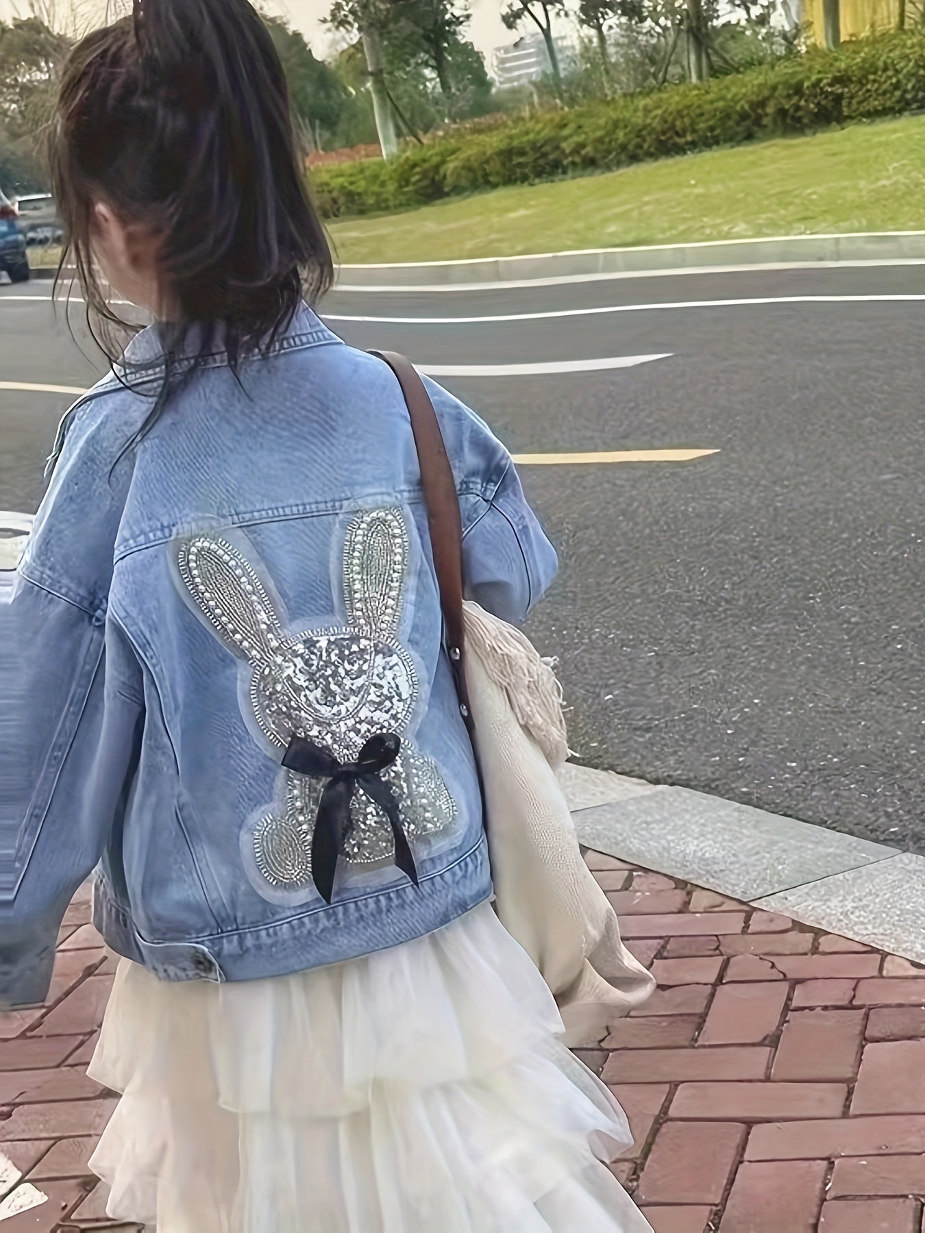 Girls Denim Jacket with Rabbit Design Rayon Blend Casual Spring Fall