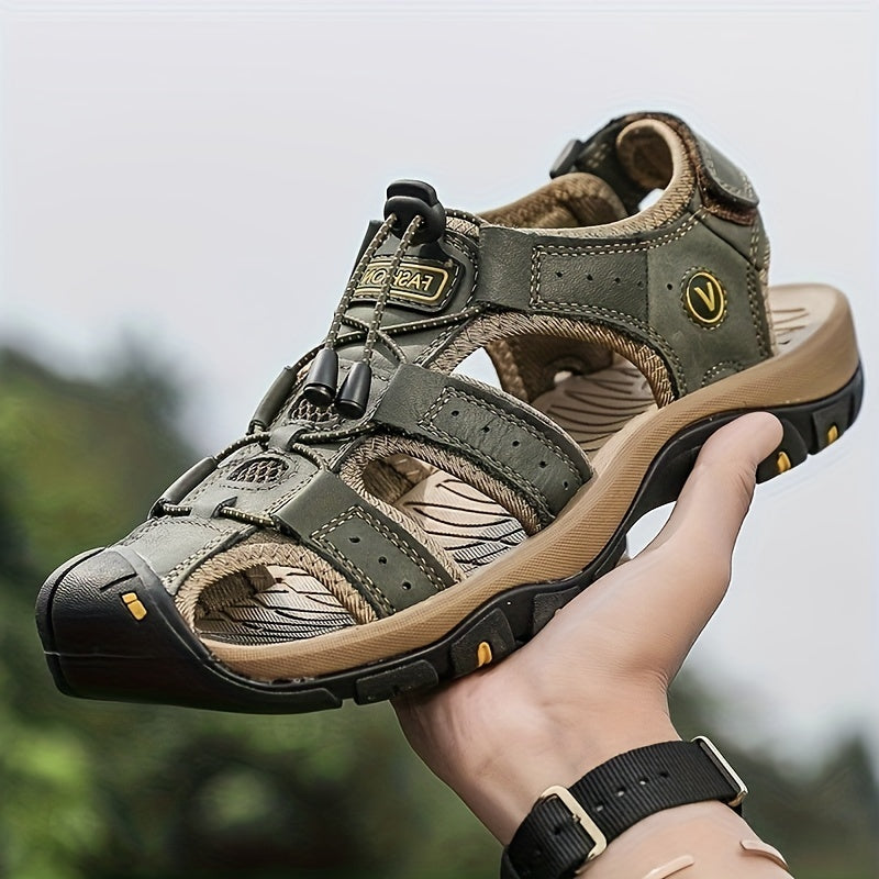 Мужские коричневые кожаные сандалии повседневные летние пляжные регулируемые на резиновой подошве с амортизирующей стелькой