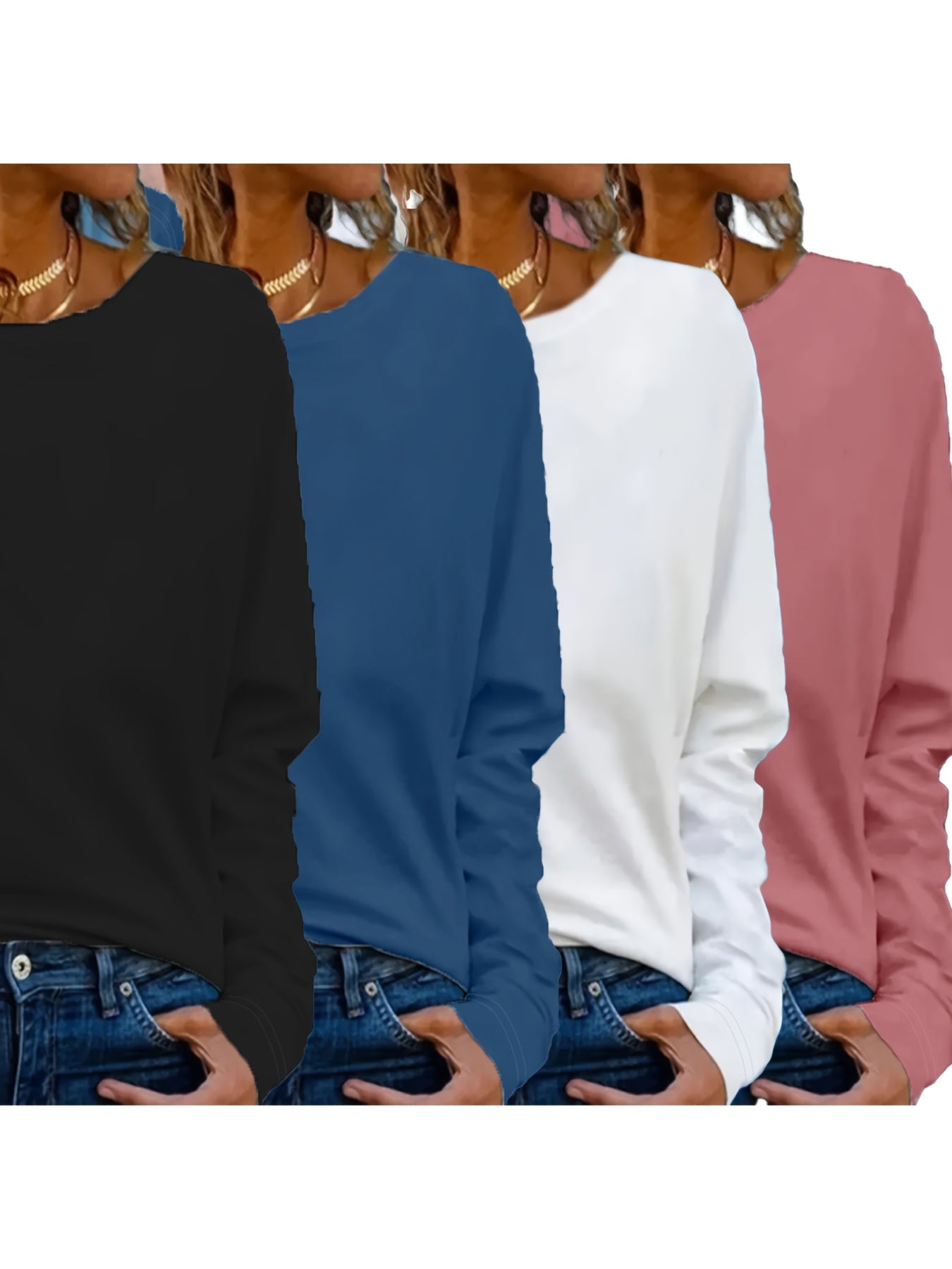 Women's Long Sleeve Cotton Crew Neck Tops - Solid Colors, Loose Fit, Fall Spring Ready