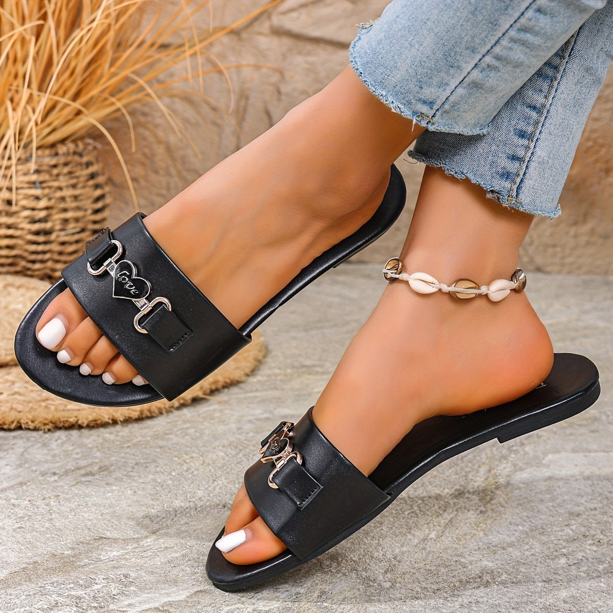 Women's Synthetic Slip-On Flat Sandals with Heart Buckle, White, Summer