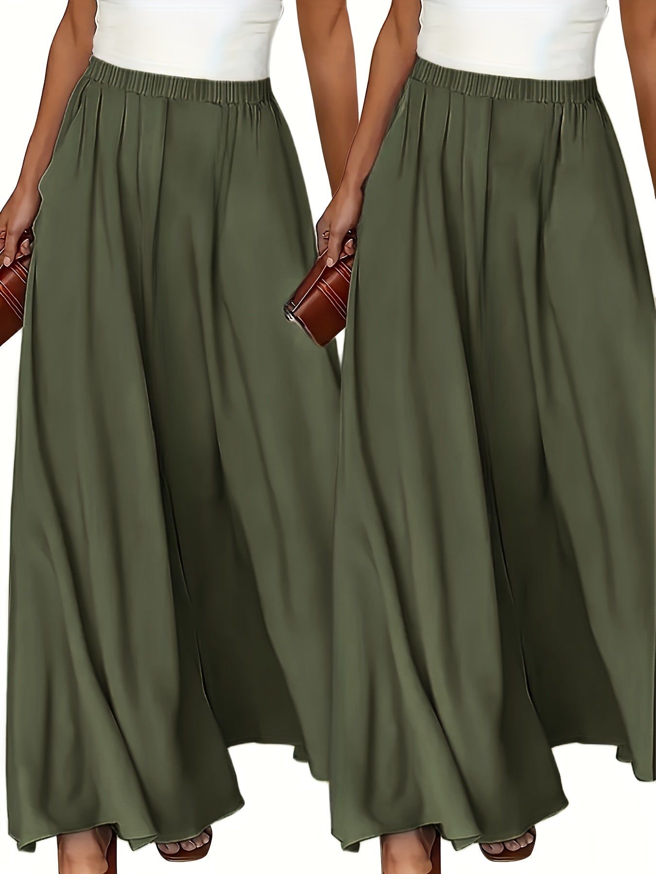 Conjunto de pantalones de tiro alto y pierna ancha para mujer, color sólido, de poliéster suelto y fluido para primavera, verano y otoño