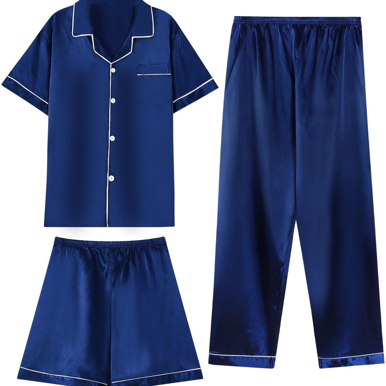 3 ta erkaklar uchun yengli, shortli va engil uzun shimli uyqu kiyimlari. Oddiy va norasmiy yozgi kiyim uchun ideal, bir rangda va kardigan yaka bilan.