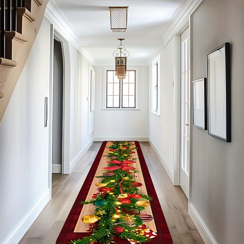 Christmas Runner Rug Festive Tree Ornaments Non-Slip Stain Resistant Hallway Decor