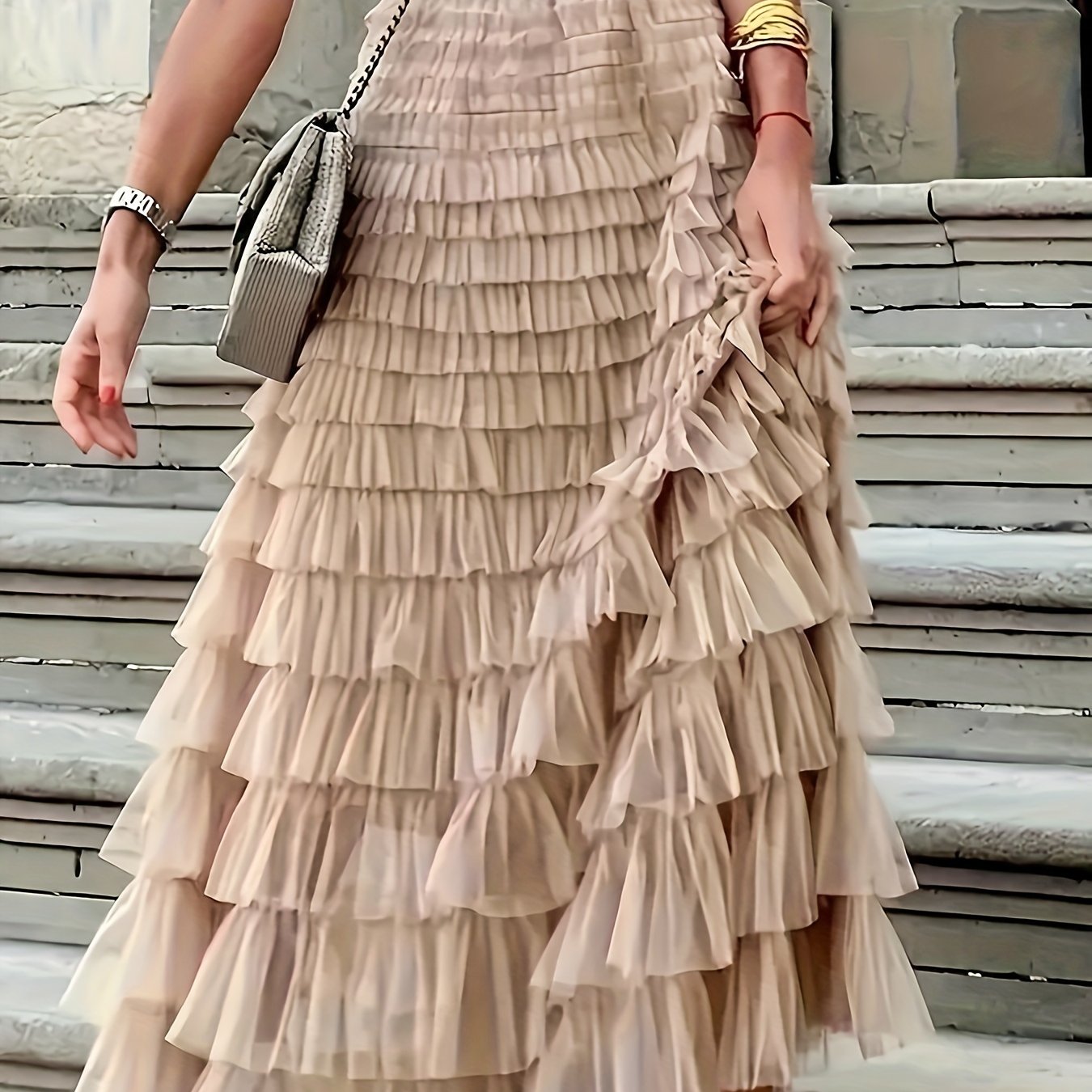 Women's High-Waist Tiered Midi Skirt Polyester Solid Color Plus Size Casual