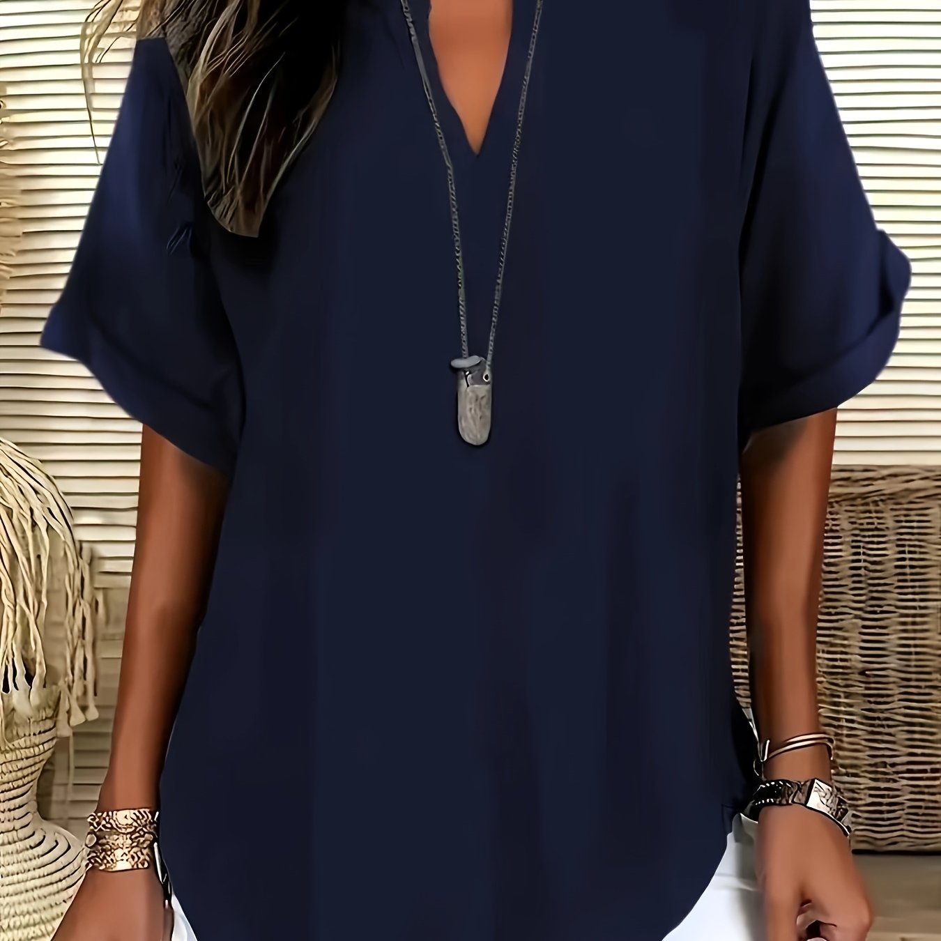 Plus Size Women's V-Neck Short Sleeve Blouse Light Gray Casual Summer Relaxed Fit