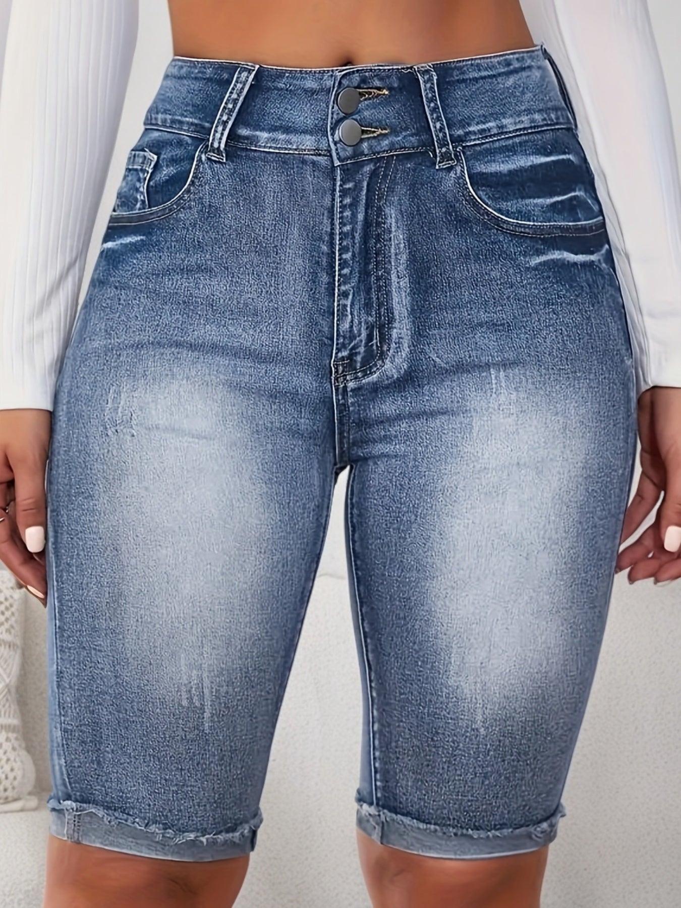 Plus Size Women's Washed Blue Stretch Bermuda Denim Shorts