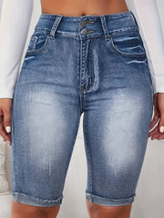 Plus Size Women's Washed Blue Stretch Bermuda Denim Shorts