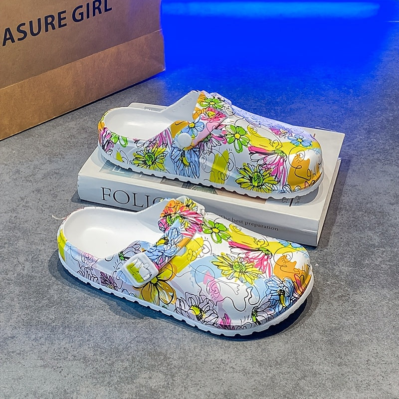 Women’s Summer Tie-Dye Clogs With Floral Design And Thick EVA Soles