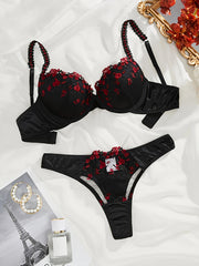 Floral Embroidered Lingerie Set with Push-Up Bra and Panties