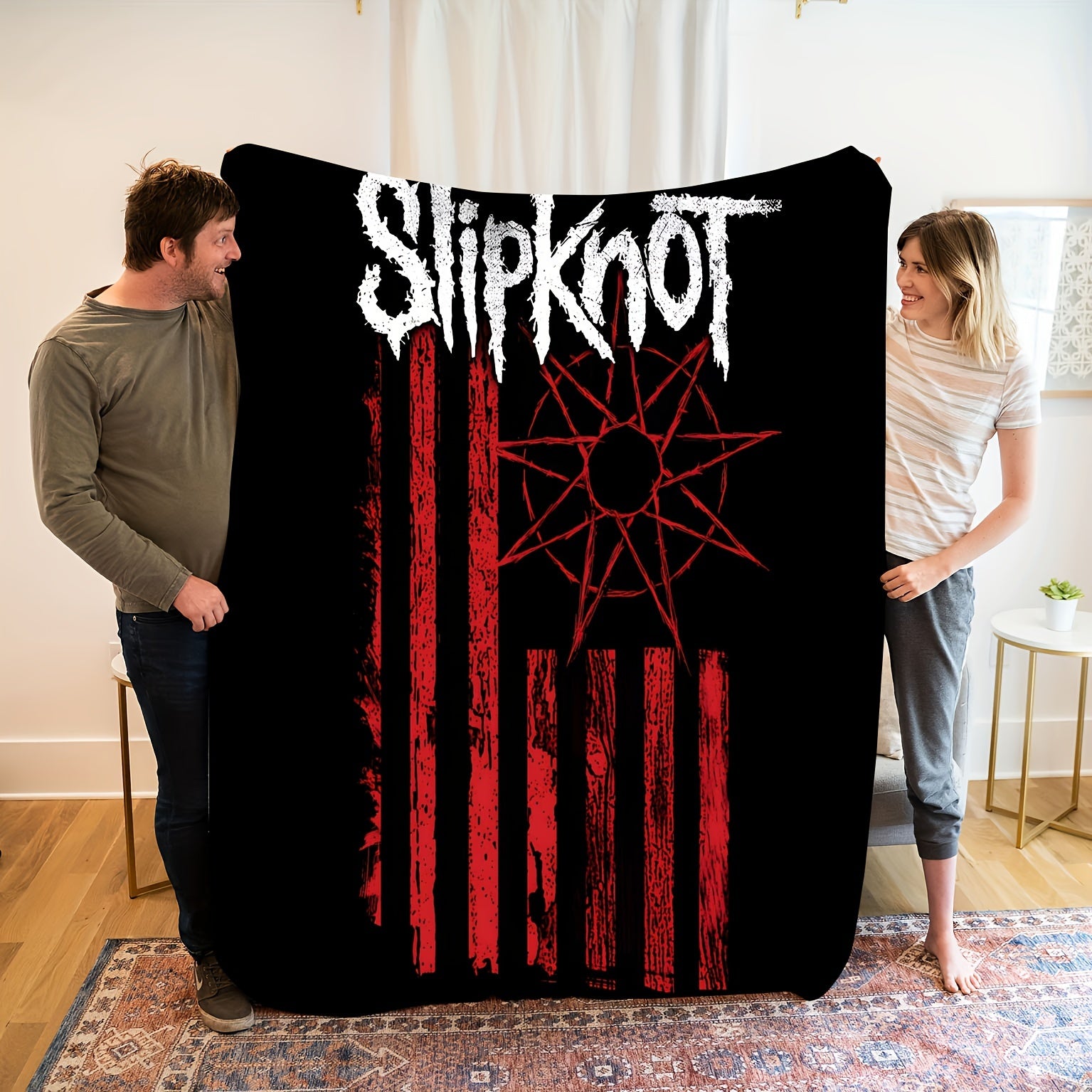 One Piece Slipknot Band Throw Blanket with Red Stripe Lettering Woven Polyester Stain Tear Resistant All-Season
