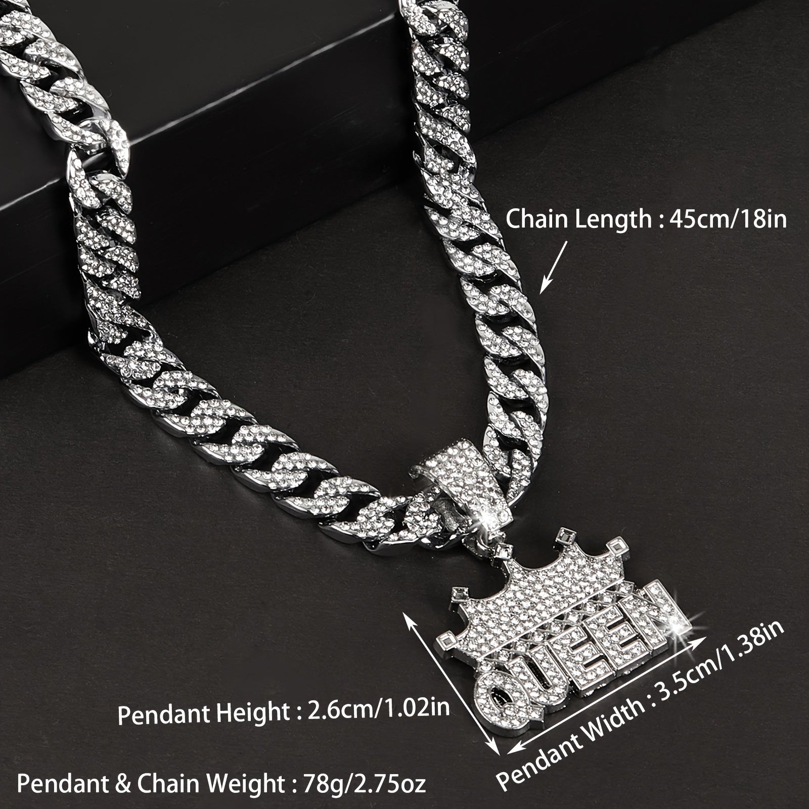 Women's Cuban Link Chain Necklace with Crown Queen Pendant Rhinestones Hip Hop Style