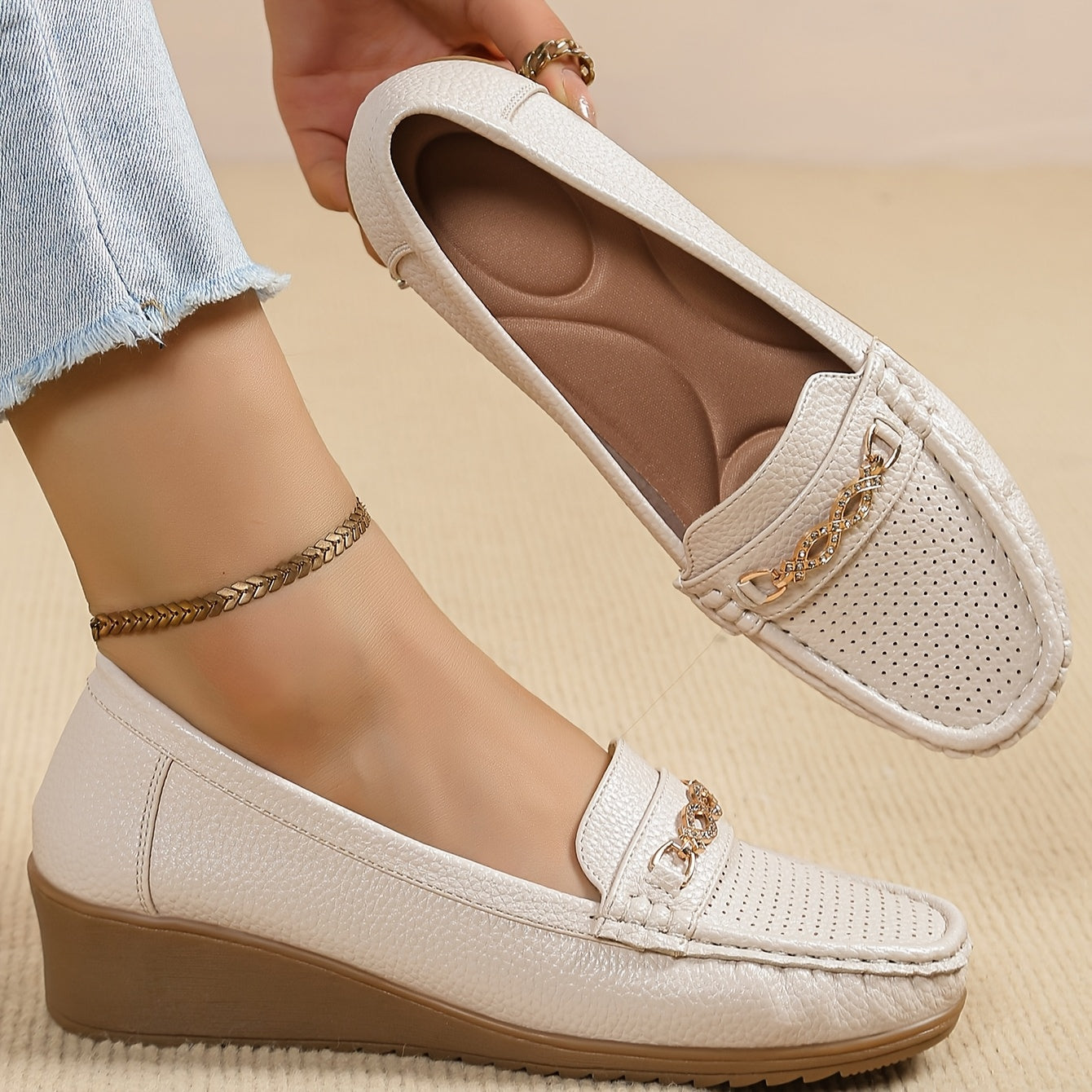 Women's Slip-Resistant Crystal-Embellished Metallic Loafers with Cushioned Sole