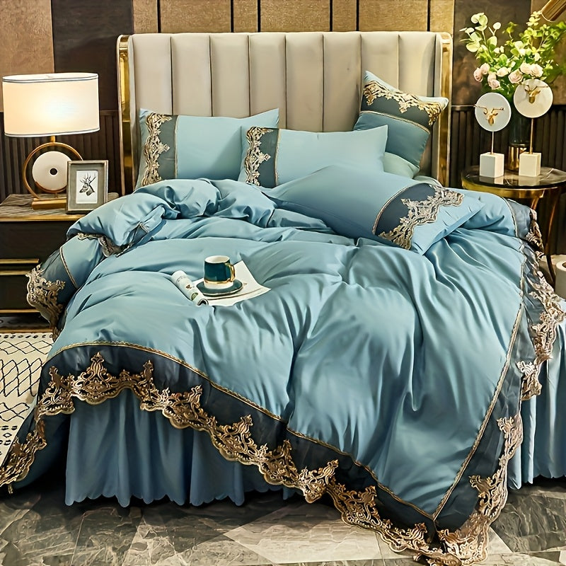 Luxury Polyester Duvet Cover Set with Golden Lace Accents, Solid Color, Zipper Closure