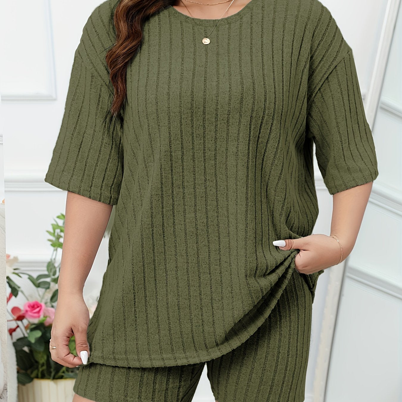 Women's Plus Size Ribbed Lounge Set Shorts & Top Pajamas