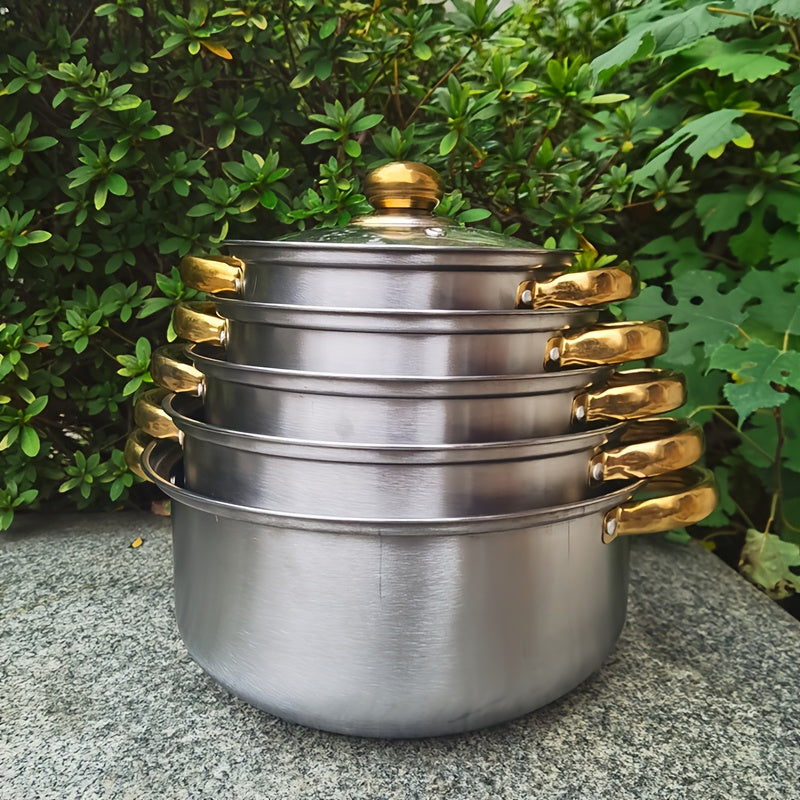 Katta rostlangan po'latdan yasalgan sho'rva qozoni, shisha qopqog' bilan, sayohat va induksiya pishirish uchun