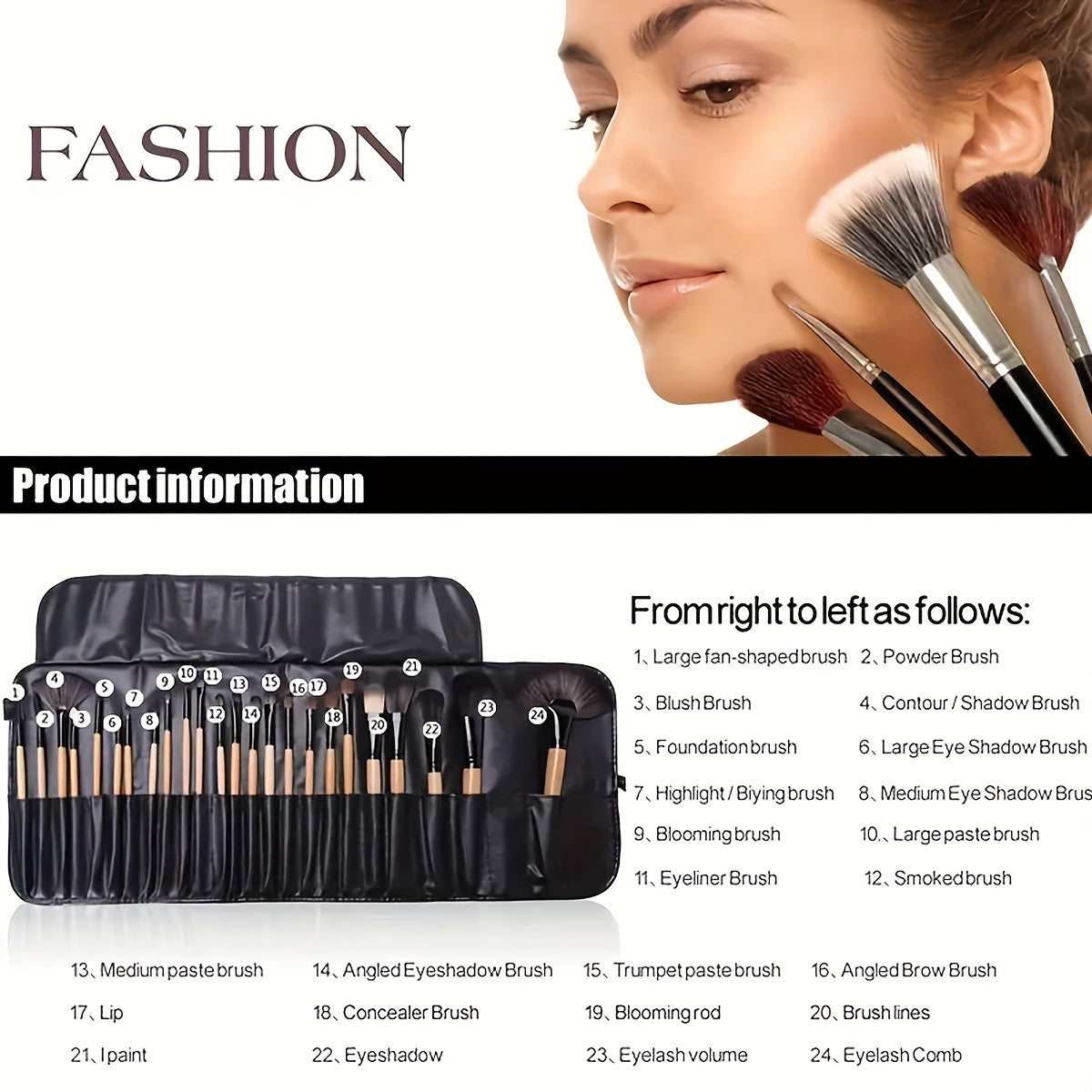 24-Piece Makeup Brush Set with Oval Brushes Polyester Bristles ABS Handles for Foundation Eyeshadow Contouring