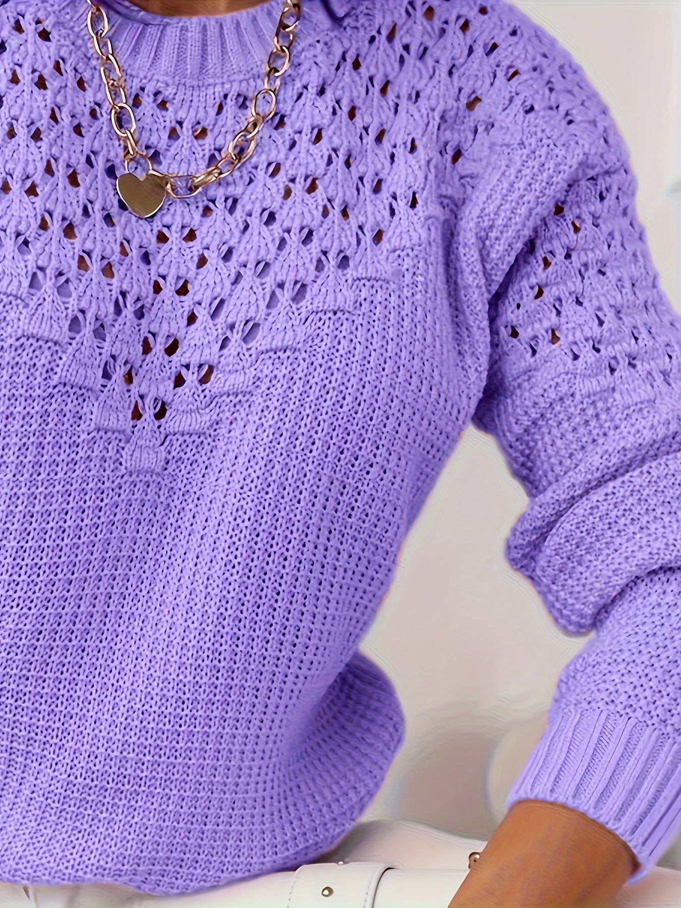 Women's Solid Color Long Sleeve Sweater with Lace Cutouts for Casual and Formal Wear