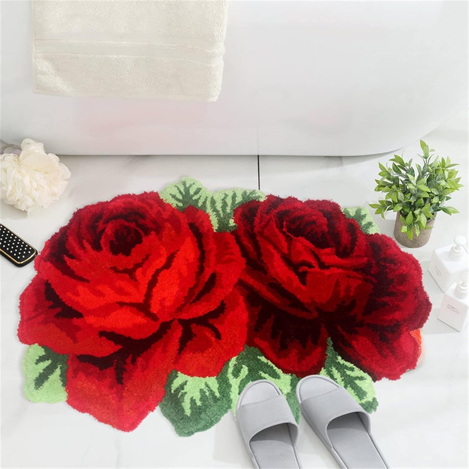 Valentine's Day Decor Crystal Velvet Rose Bath Rug Non-Slip 1cm Thick