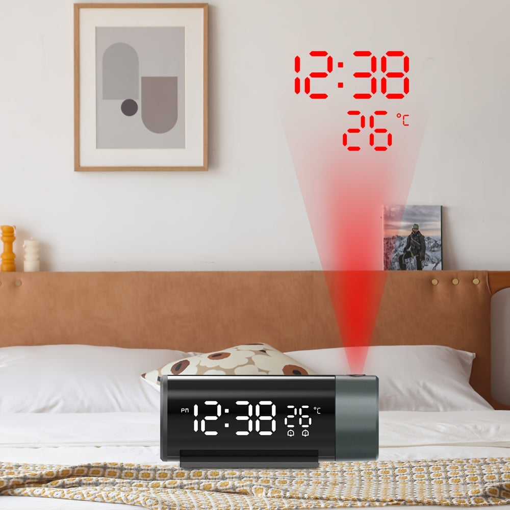 Digital Projection Clock with Dual Alarms Sleep Function USB Powered Time and Temperature Projection