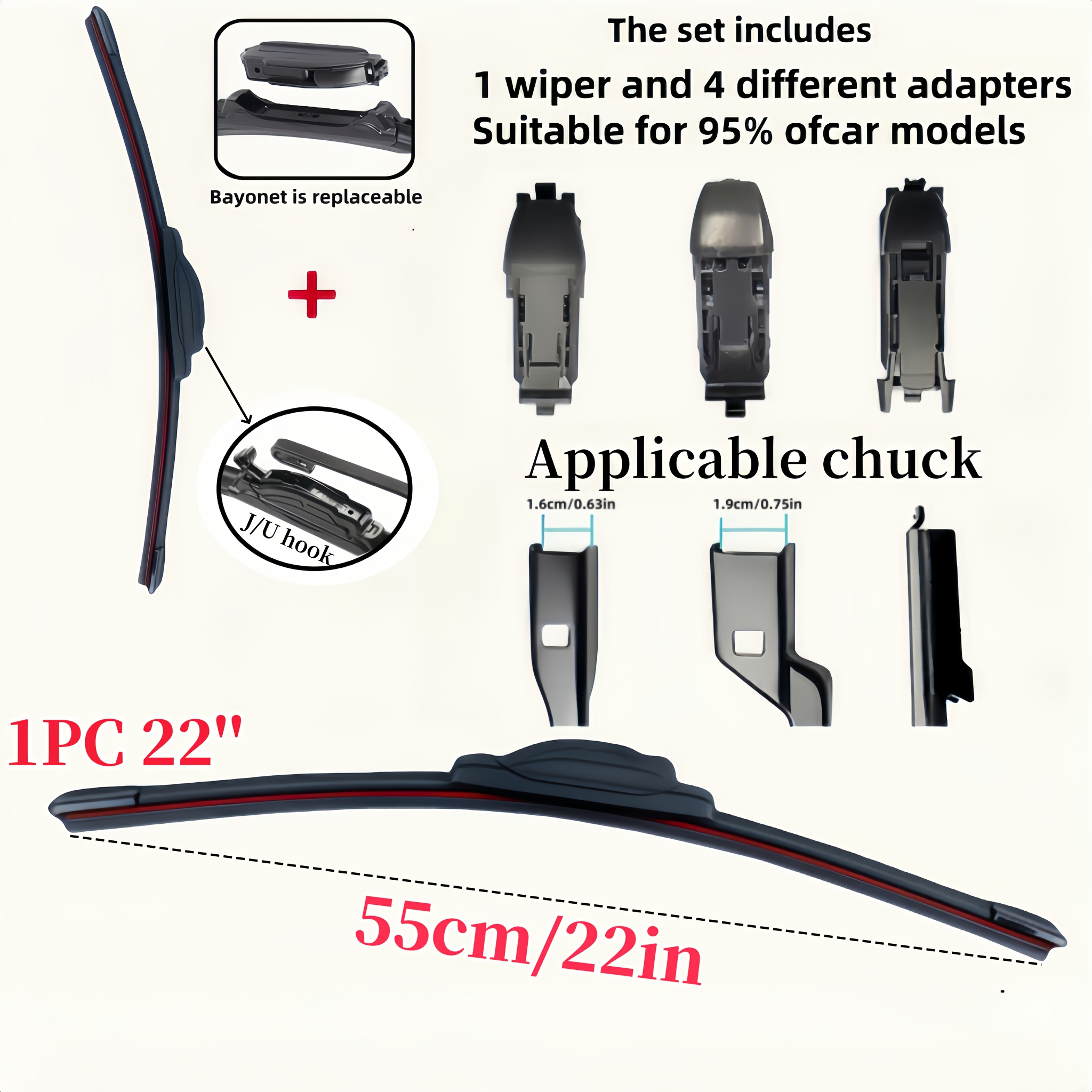 Car Windshield Wiper Blade Set with 4 Adapters, Durable Rubber, 35.56–71.12cm