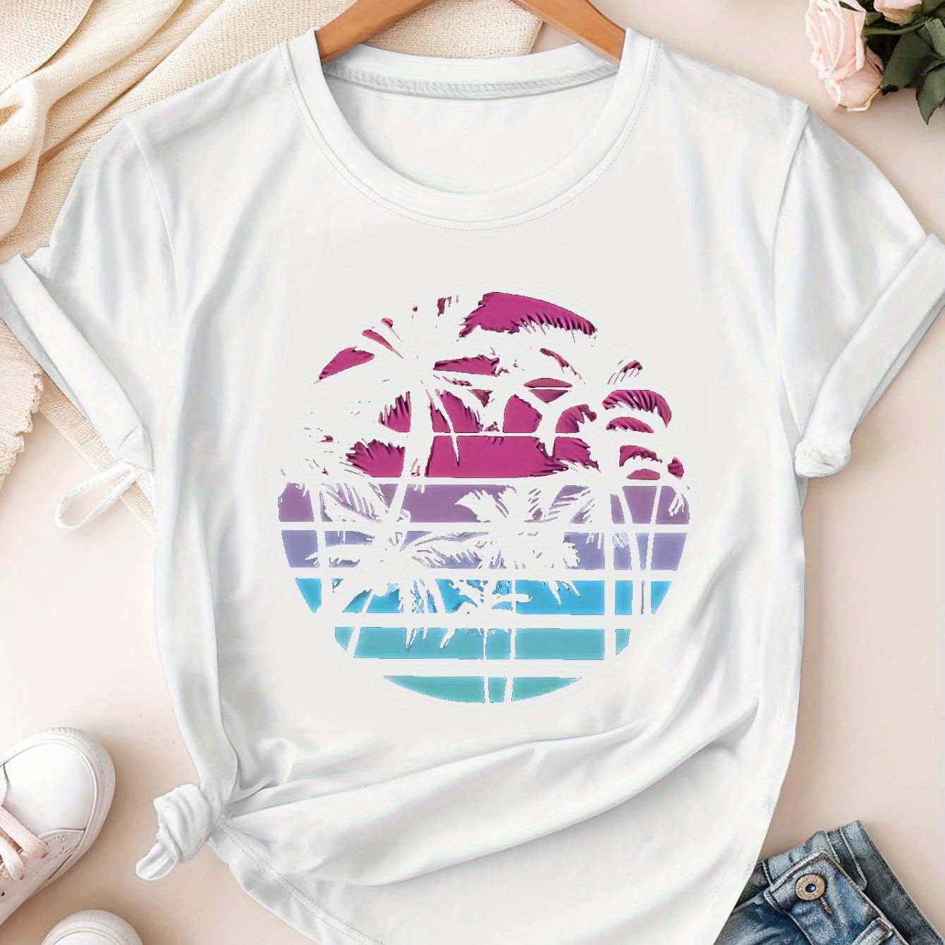 Women's Plus Size Casual T-Shirt Tropical Palm Sunset Print Short Sleeve Dark Green