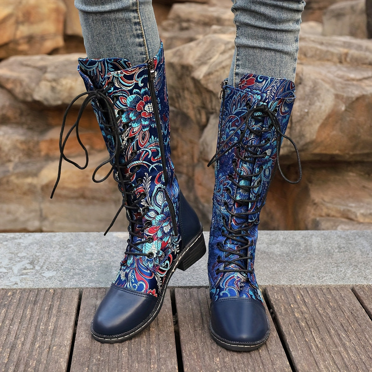 Women's Ethnic Style Lace-Up Mid-Calf Boots Colorful Patterns Casual Shoes