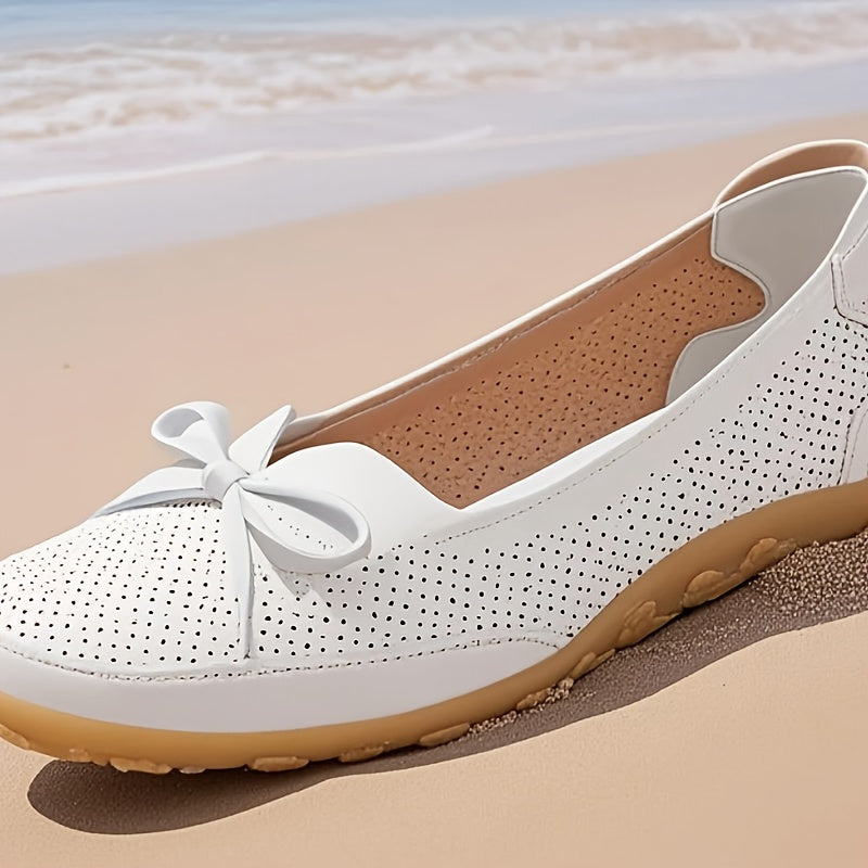 Women's White Slip-On Flats with Bow, Ventilation Holes, Comfortable Sole