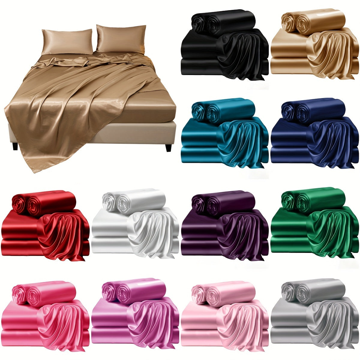4-Piece Satin Bed Sheet Set with Fitted Sheet Pillowcases Soft Durable Polyester