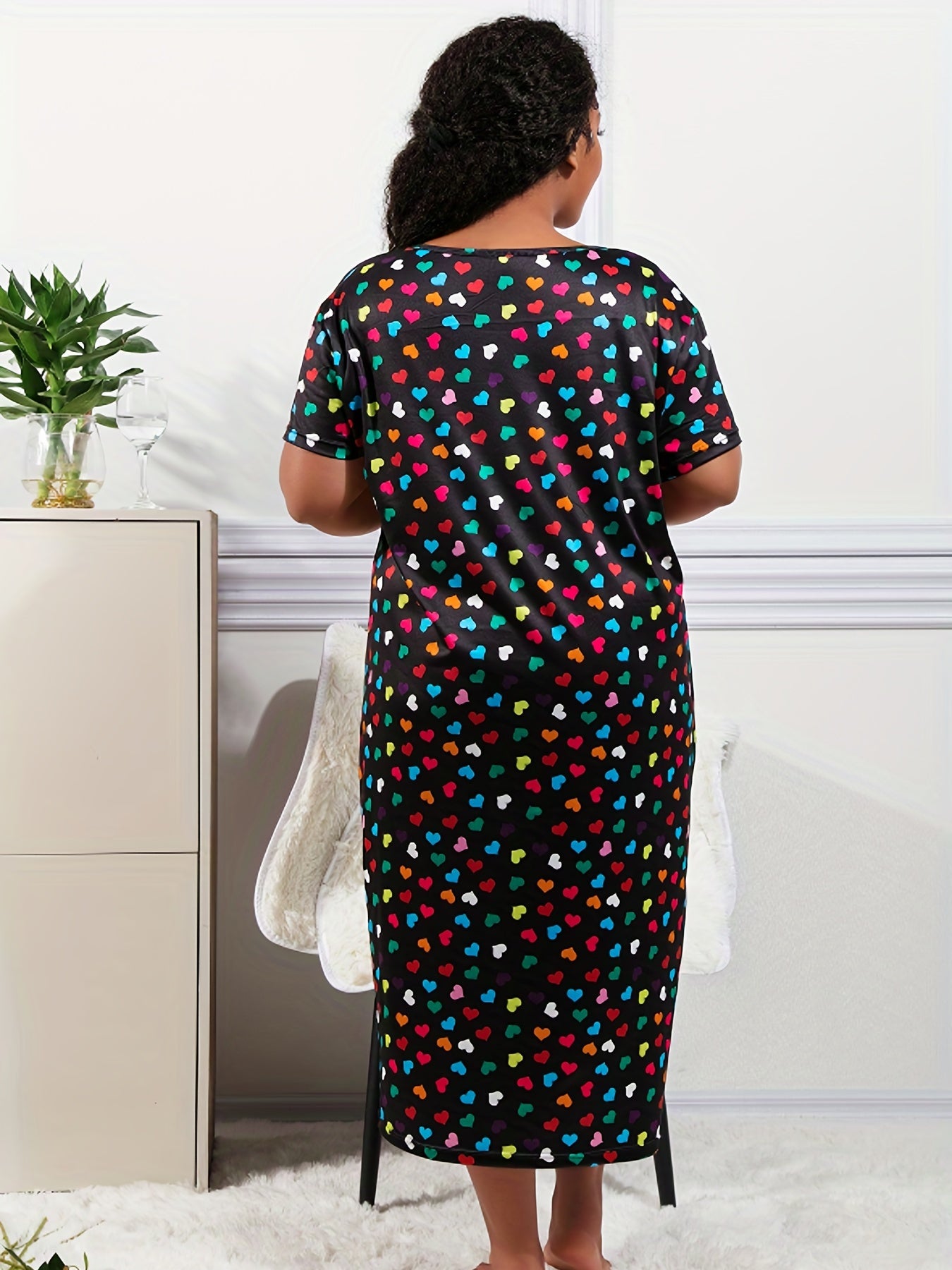 Plus Size Women's Loungewear Dress Colorful Heart Print Nightdress