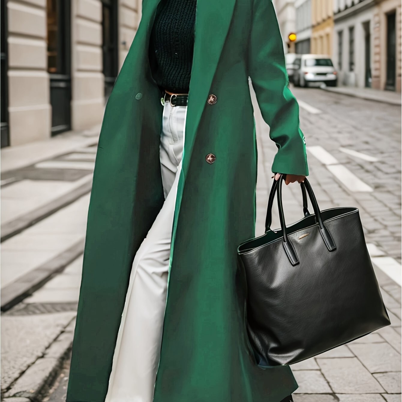 Women's Long Green Coat Double-Breasted Wool Blend Fall Winter Stylish Outerwear