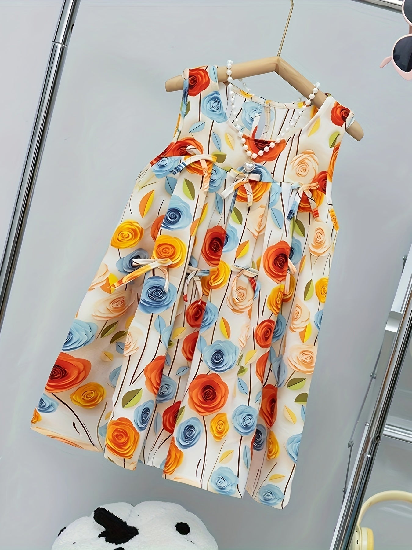 Girls' Summer Floral Sleeveless Dress with Hat for Beach and Casual Wear