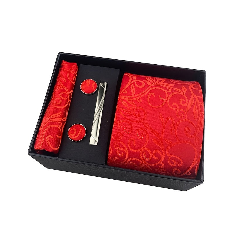 Men's Black Paisley Tie Set with Square Scarf Cufflinks and Tie Clip