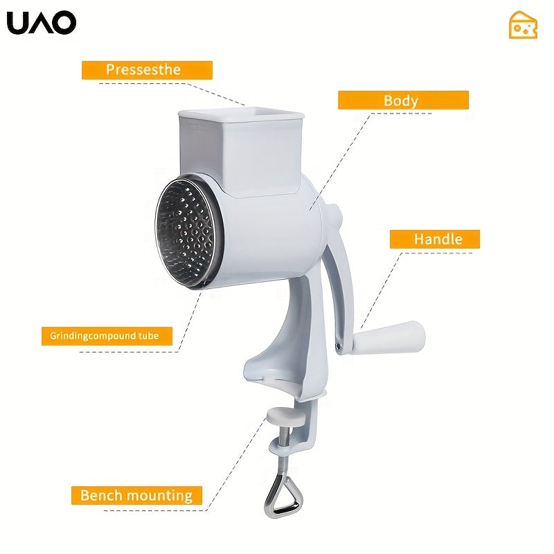 UAO Qoʻl bilan ishlovchi pishloq maydalagich: Ko‘p funksiyali yong‘oq maydalagich, Qo‘lda ishlovchi pishloq yordamchisi, bardoshli material bilan. Batareyaga ehtiyoj yo‘q.