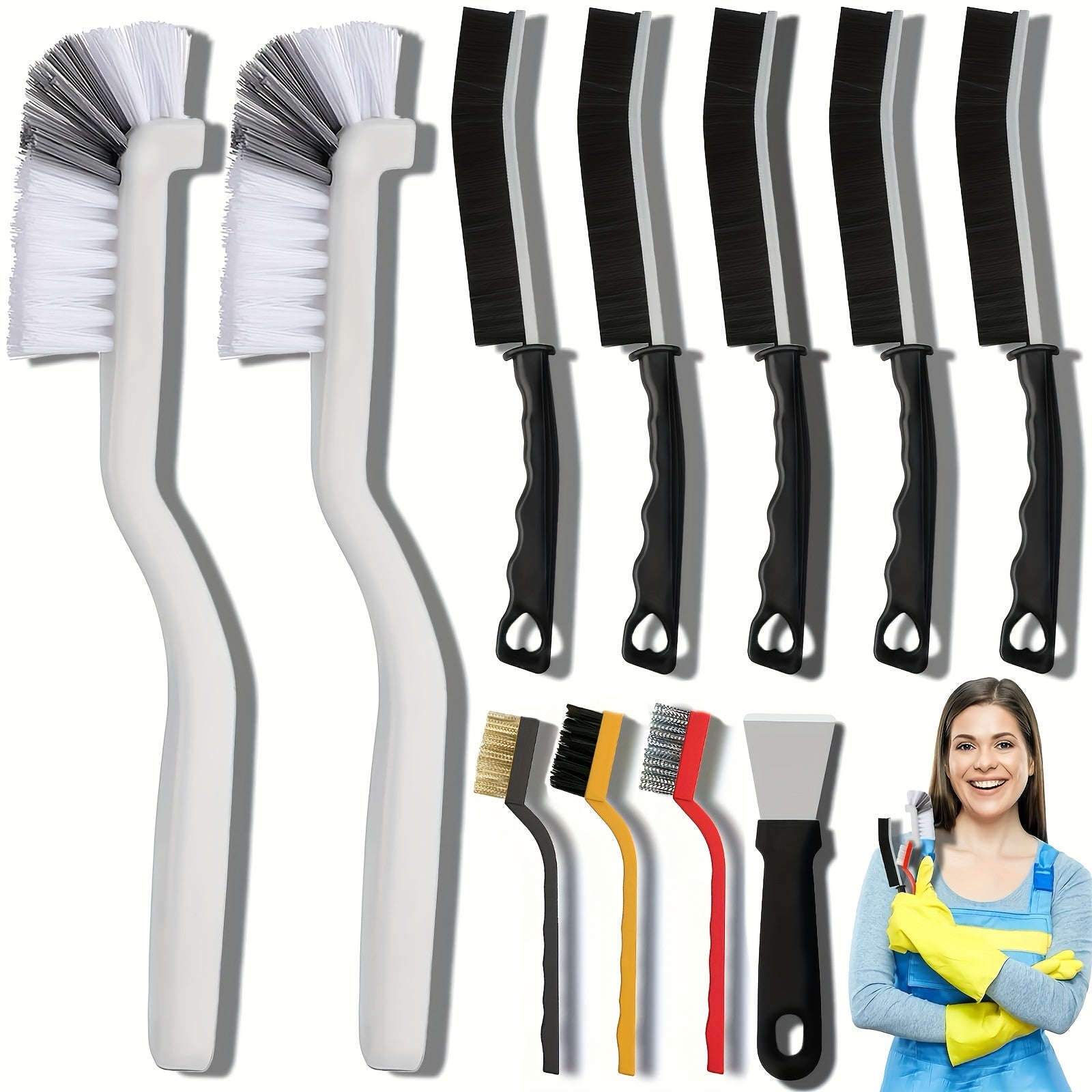 Set of 11 Crevice Cleaning Brushes with Long Handle and Strong Bristles