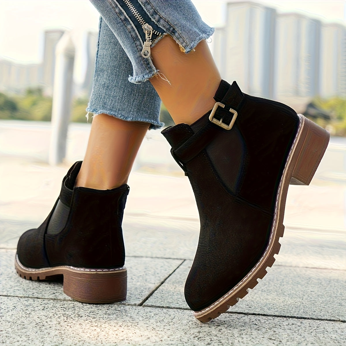 Women's Slip-On Ankle Boots Brown Casual Slip-Resistant Low Heel